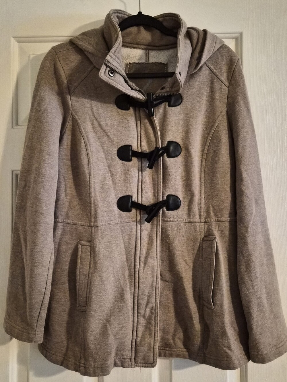Sebby Heather Taupe Hooded Fleece Duffle Toggle Jacket Coat Size Large